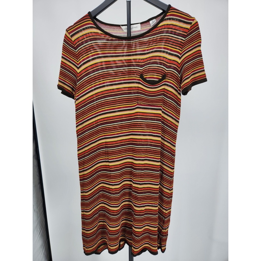 Anne Klein II Womens Striped Knit Dress Short Sleeve Rayon Made in Italy Brown M